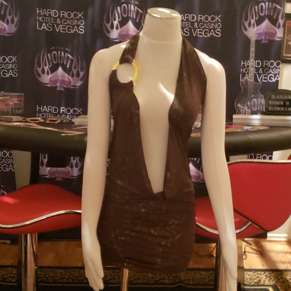 Chocolate and gold flecked dress.